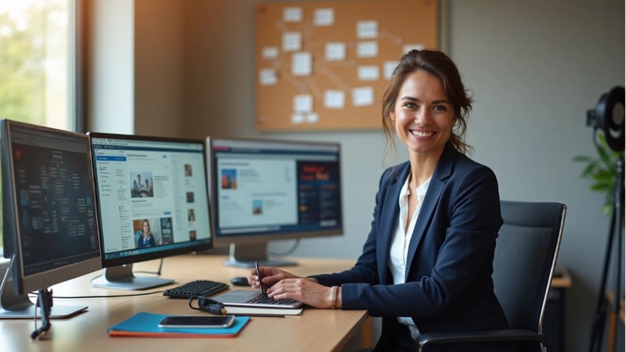 Online Sichtbarkeit als Coach - Frau am Schreibtisch mit PCs